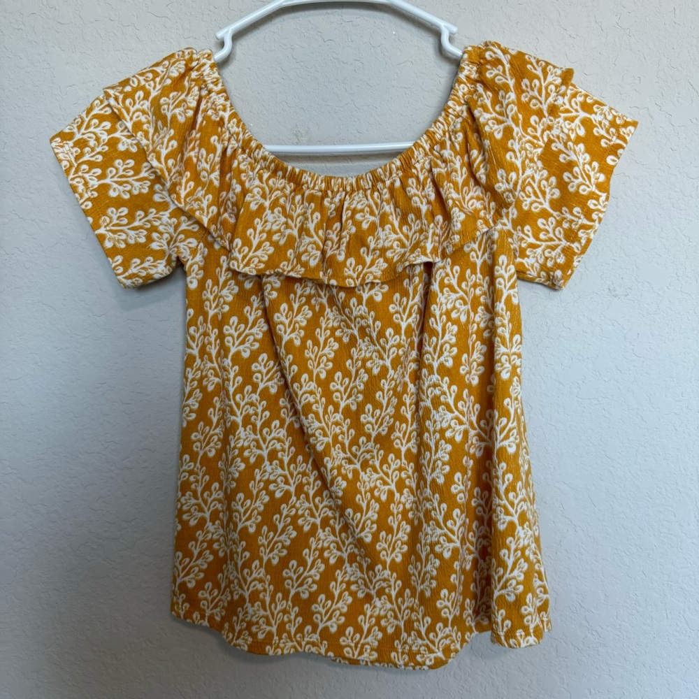 LOFT Off the Shoulder Top Blouse Womens Small S Ruffle Knit Yellow White Sz S